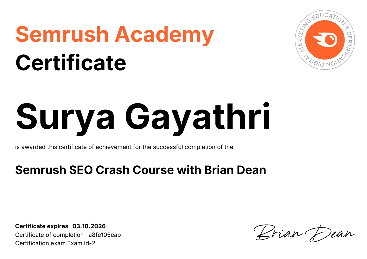 surya gayathri semrush seo certification best freelance digital marketer in thrissur