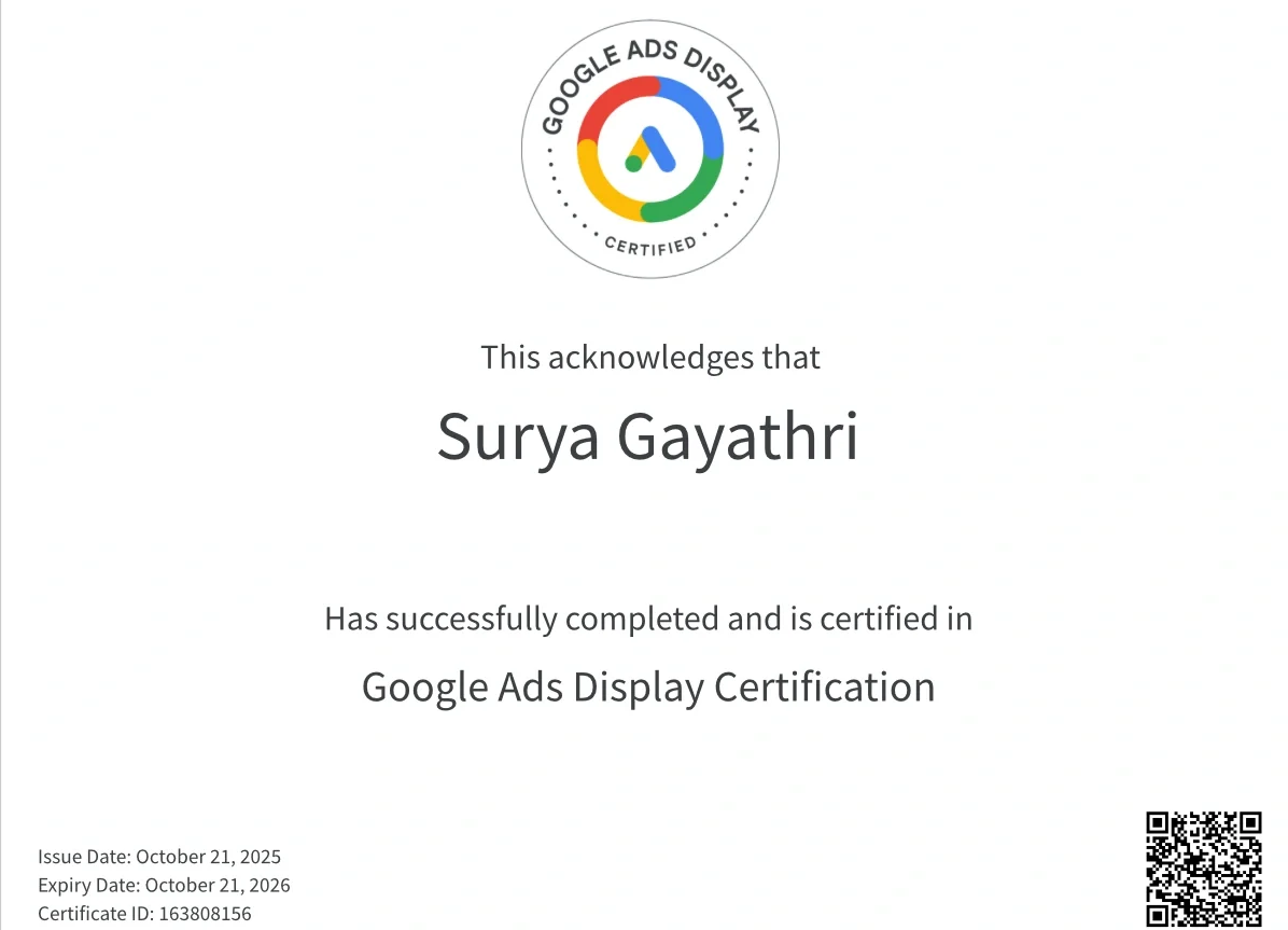 surya gayathri google ads display certification best freelance digital marketer in thrissur