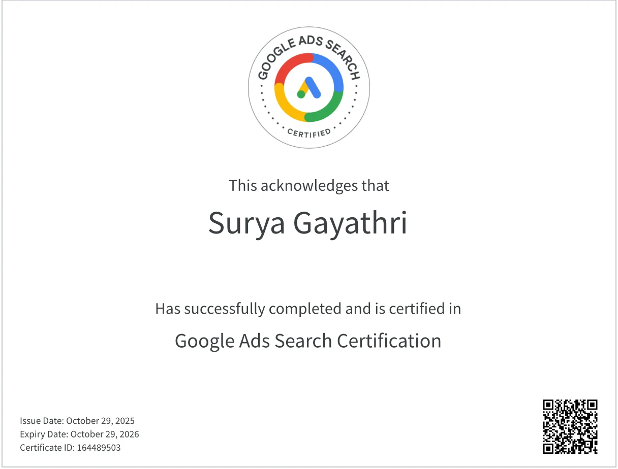 surya gayathri google ads search certification best freelance digital marketer in thrissur