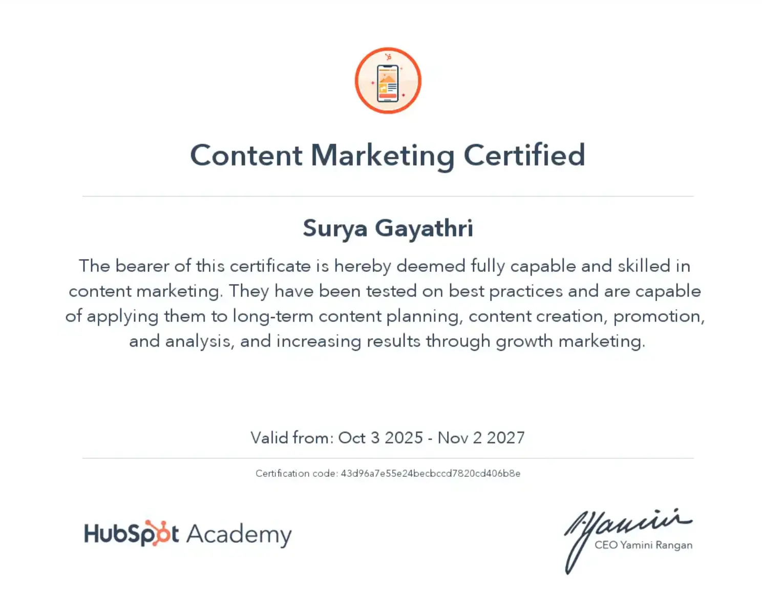 surya gayathri best freelance digital marketer in thrissur hubspot content marketing certification
